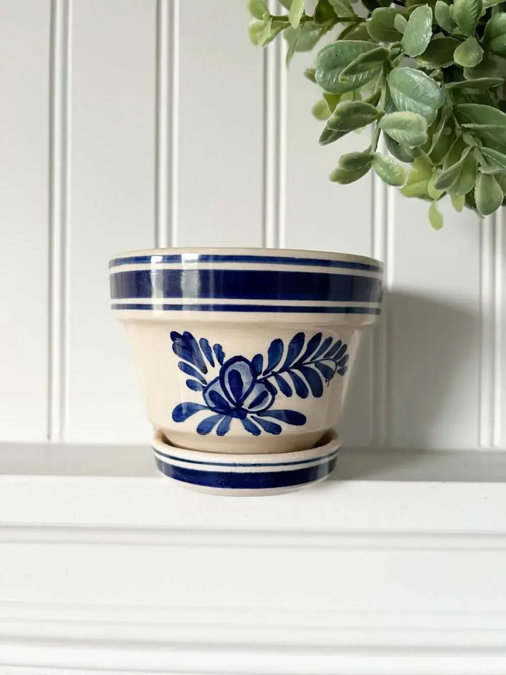 Vintage Floral Blue and White Floral Planter with Saucer